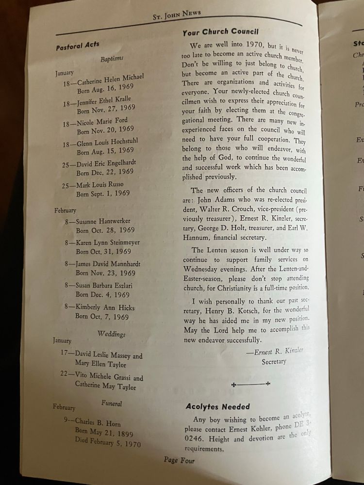 Page from a church bulletin with christening announcement