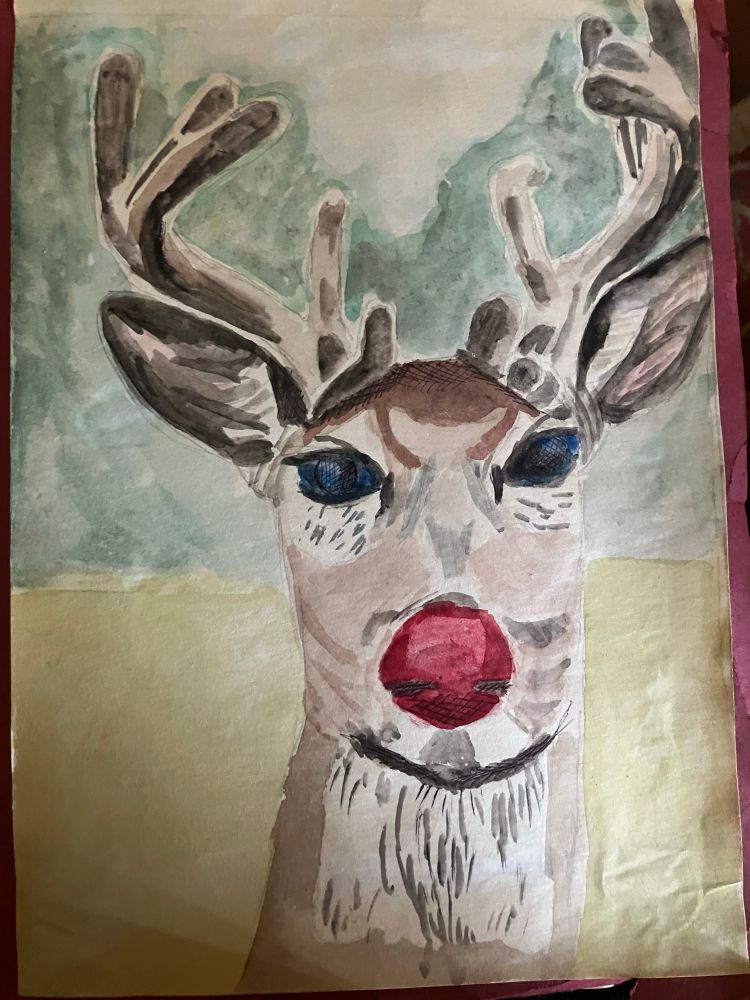 Watercolor of a deer with a red nose