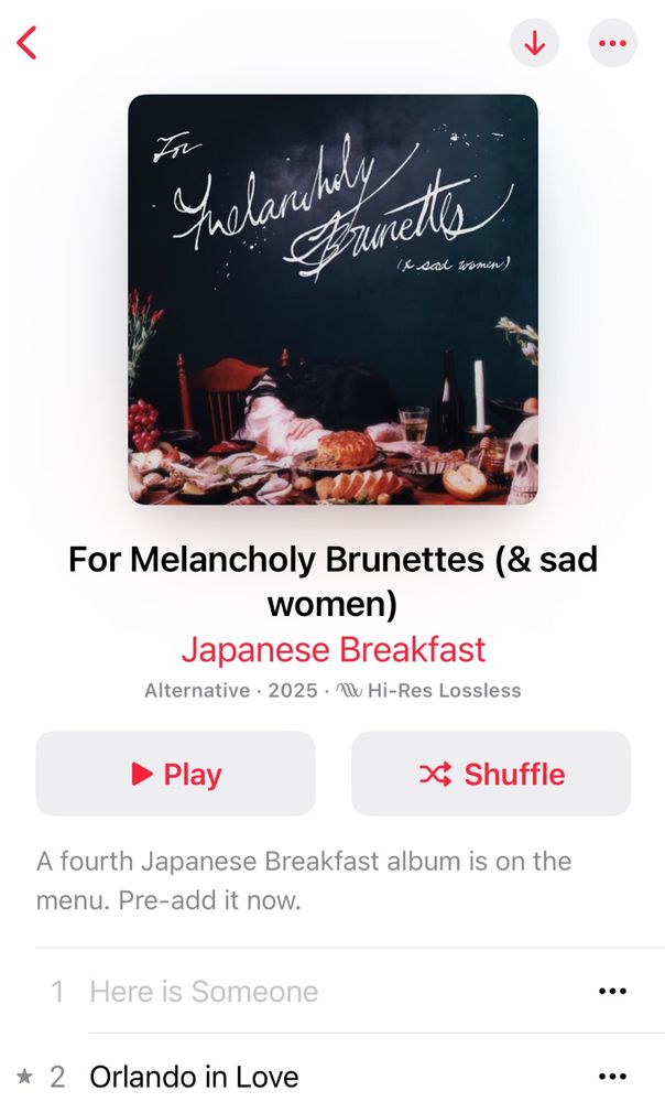 Screenshot of Apple Music showing Japanese Breakfast’s upcoming album “For Melancholy Brunettes (& sad women)”