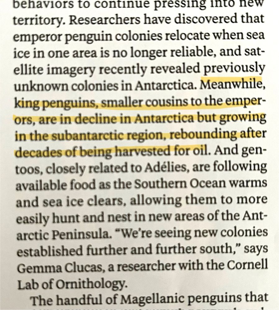 An excerpt from an article in National Geographic which states: “Meanwhile, king penguins, smaller cousins to the emperors, are in decline in Antarctica but growing in the subantarctic region, rebounding after decades of being harvested for oil.”
