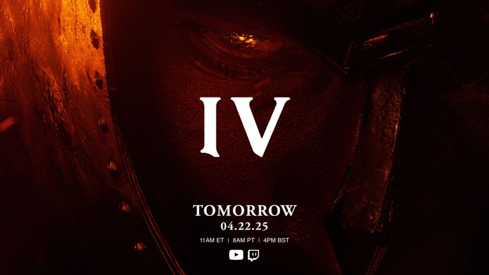 Smoldering orange and red embers reflect in the eye of an armored Hero. White numerals in the center of the image read out "4". Below the text on the image reads "Tomorrow, 04.22.25." "11am ET, 8am PT, 4pm BST" on Bethesda's YouTube and Twitch channels.