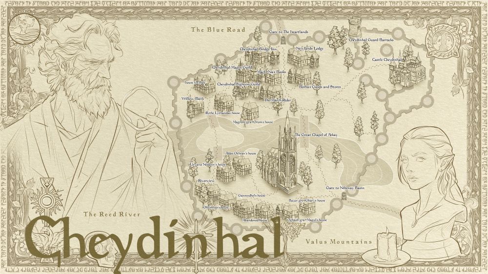 A sketched map of Cheydinhal, a city in The Elder Scrolls IV: Oblivion. Detailing the key locations, characters, and landmarks.