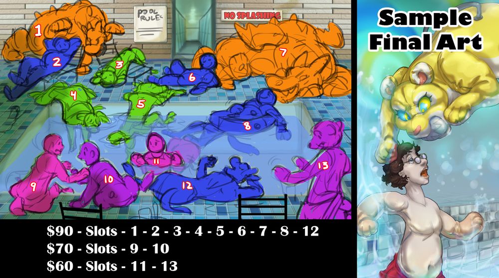 A sketched scene WIP showing as series of vague characters around a pool, some are transforming into pooltoys, others are already living pool toys, two dragons in the back stalk the cast.