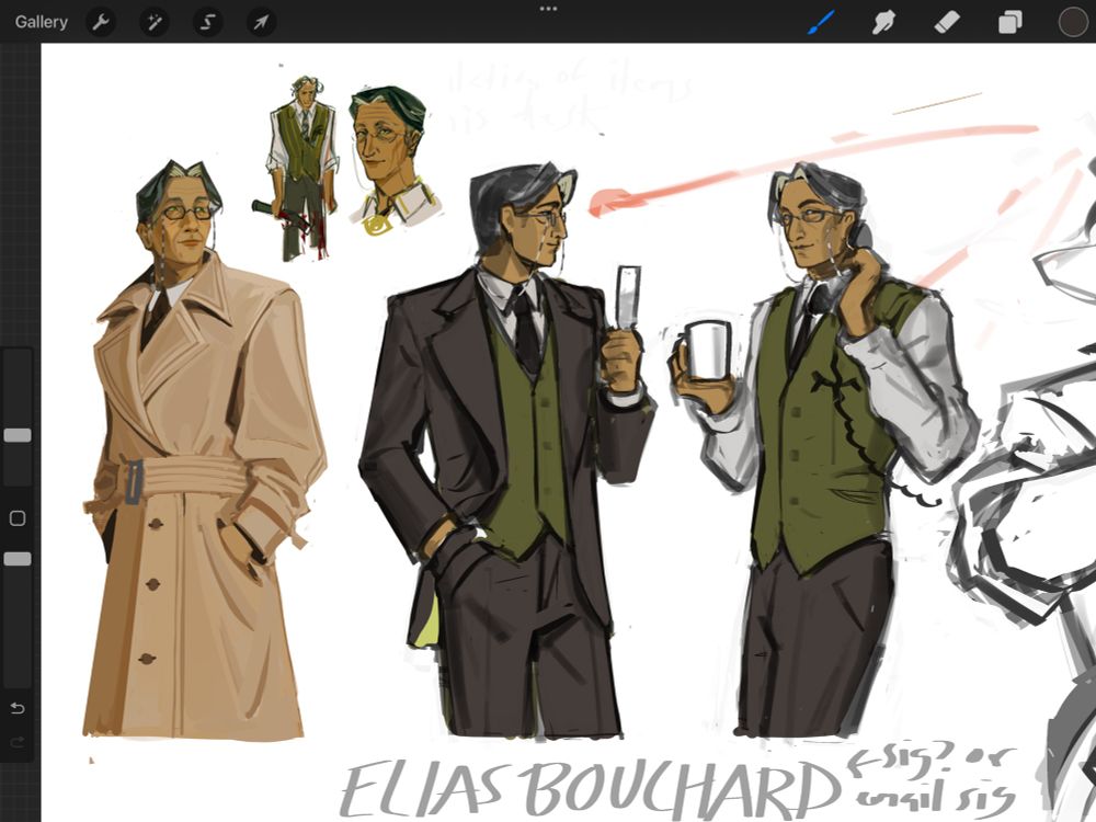 three different thigh-up drawings of Elias bouchard. On the left, he’s wearing a trench coat. In the middle, he’s wearing a 3 piece suit. On the right, he’s in a vest, tie, white button up shirt and dress pants. It’s implied that Elias is just removing articles of clothing between the different iterations. In the corner there’s a tiny drawing of Elias holding a bloodied metal pipe accompanied by a little headshot of him as reference material. 