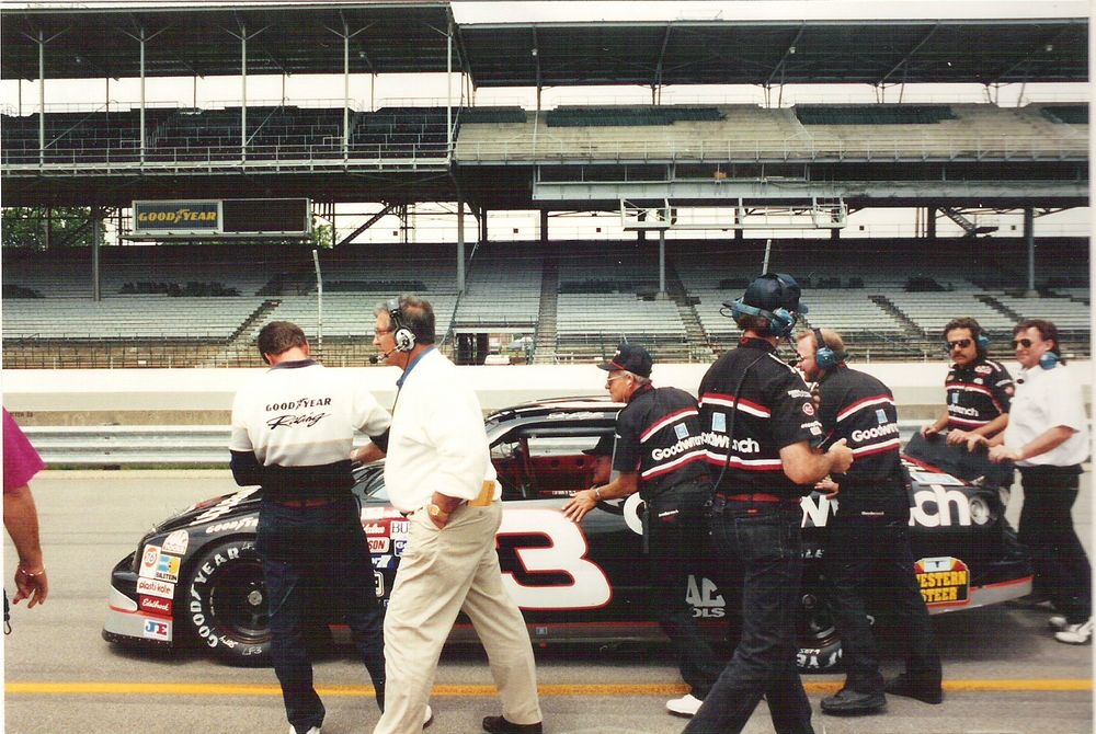 AJ Foyt in Dale Earnhardt's car at the 1992 Indianapolis Motor Speedway NASCAR tire test.