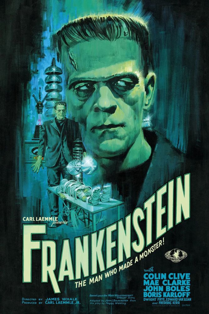 Movie poster for "Frankenstein" (1931) starring Boris Karloff 
the image shows the monster in the lab in front of a larger closeup of the monster's face. 
