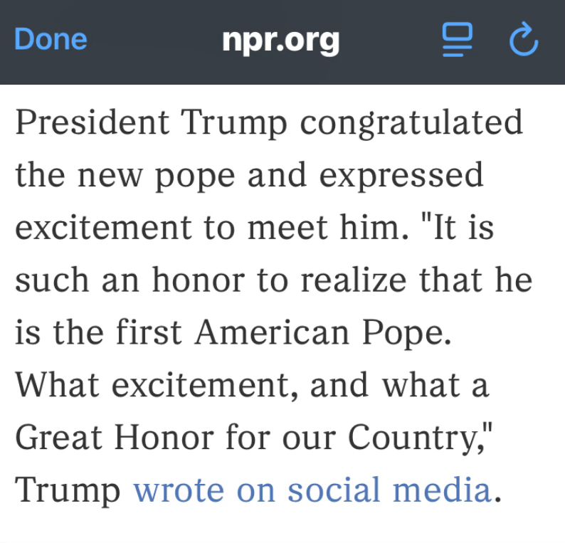 Trump saying it is an honor to realize” new Pope is US