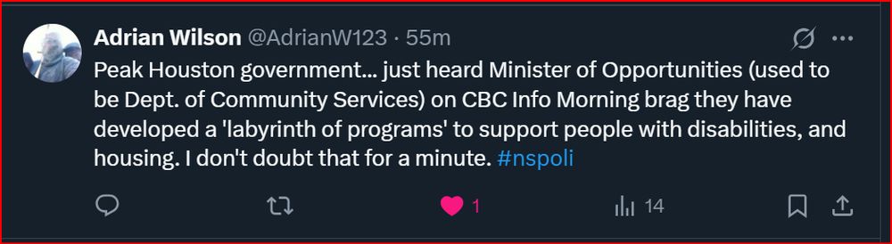 NS Min of "Opportunities" says they have created a "labrynth" of opportunities for folks with disabilities.