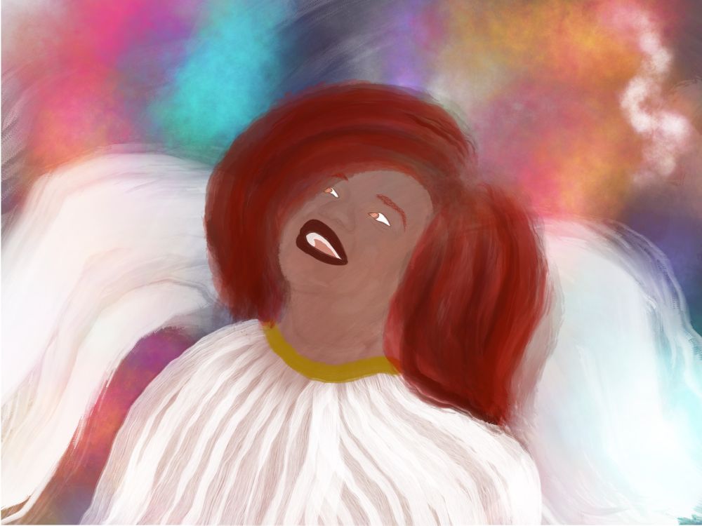 Illustration of Angel Crowley laughing joyfully