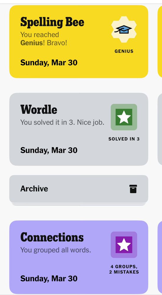 A screenshot of a completed spelling bee, connections and wordle from today’s NYT games
