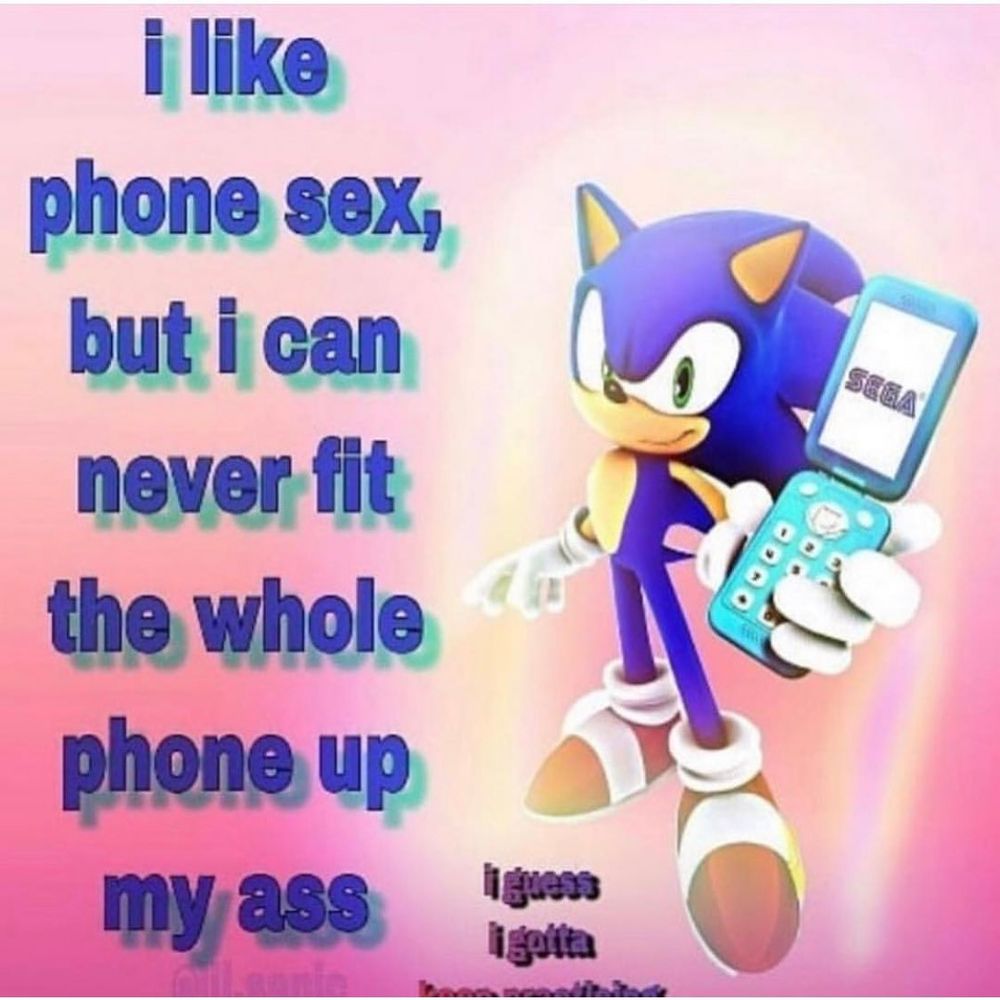 An image of sonic the hedgehog holding up a flip phone with the sega logo on it, with text to the left of him reading "i like phone sex, but I can never fit the whole phone up my ass"