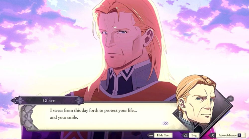 Gilbert S-support art, with the text "I swear from this day forth to protect your life... and your smile."