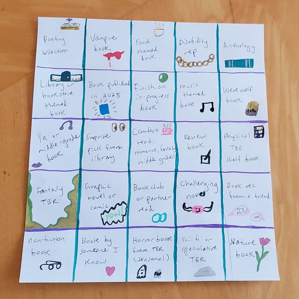 A paper hand made bingo card of literary genres to read (25 total) with colorful handrawn symbols for each square.