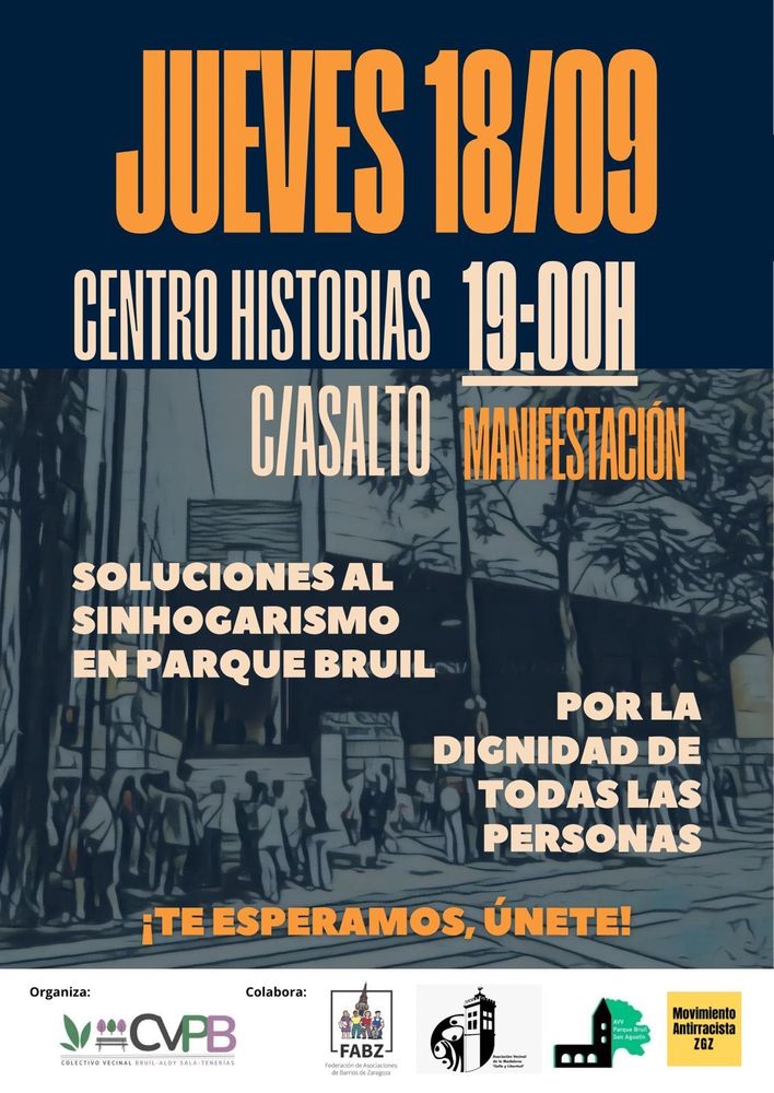Cartel con lemas convocando a una manifestación sobre una foto de una concentración con gente a las puertas del Centro de Historias