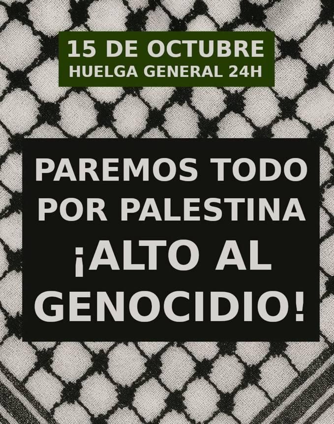 Cartel negro con letras blancas sobre una kifuya.
PAREMOS TODO POR PALESTINA. ¡ALTO AL GENOCIDIO!