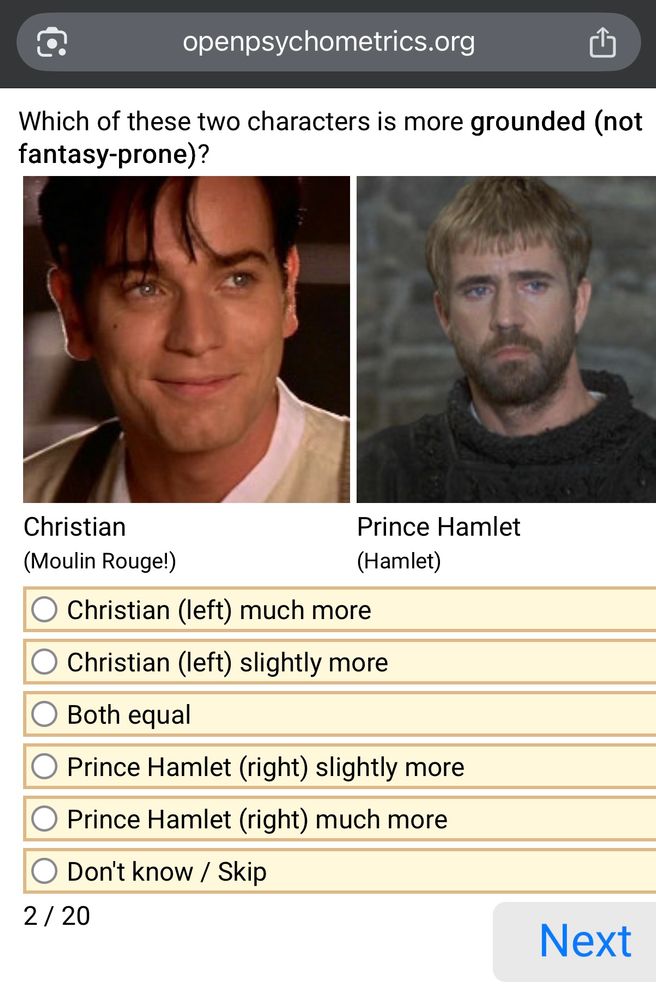 The question on a scale is, "Which of these two characters is more grounded (not fantasy-prone)?" and the options are Christian from Moulin Rogue! and Hamlet.