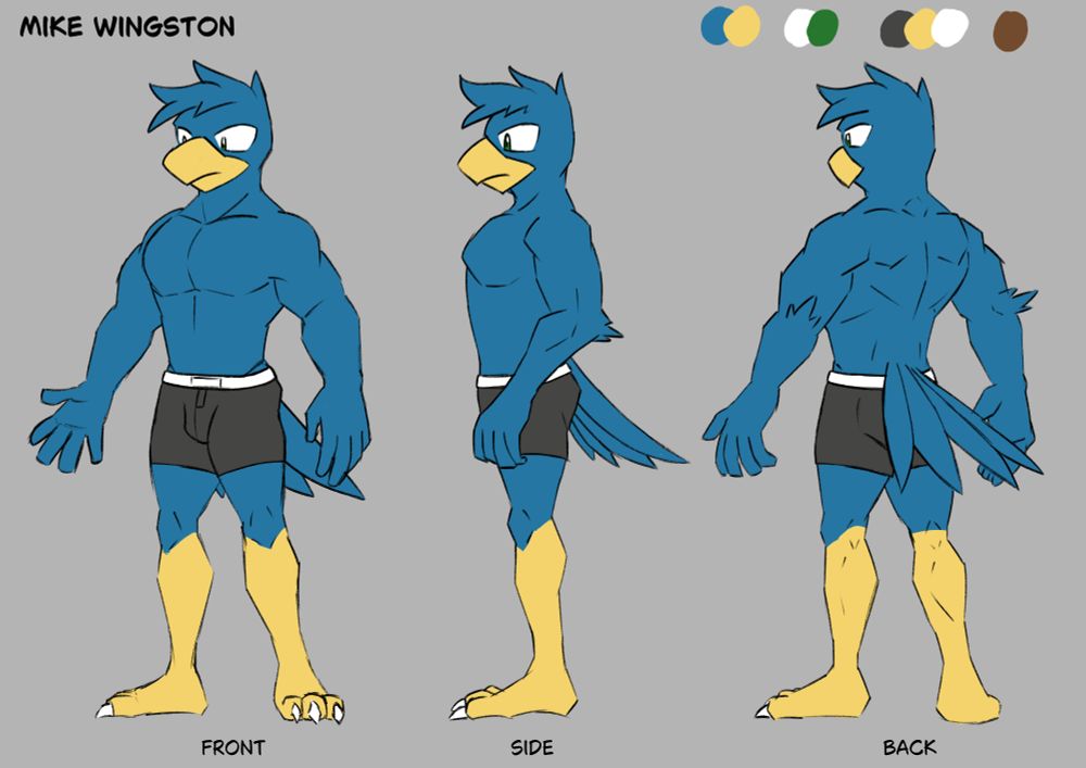 A reference sheet of Mike Wingston, the blue hawk, with his boxer briefs.