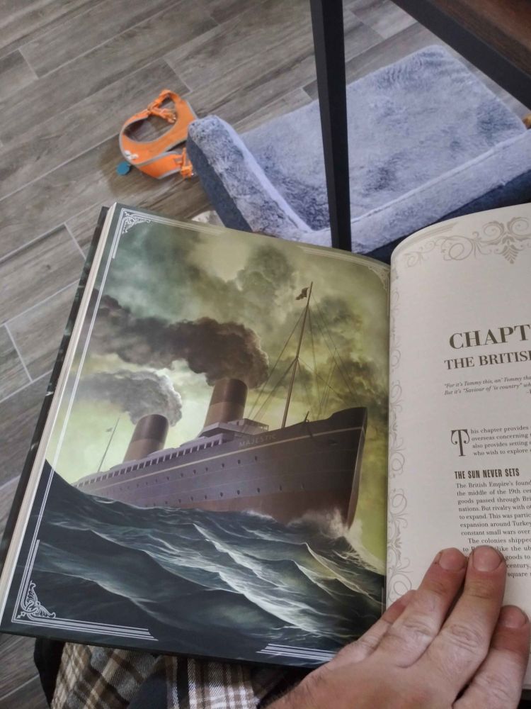 a full page illustration from Cthulhu by Gaslight: Investigators' Guide. The RMS Majestic on a voyage across the Atlantic Ocean is bathed in green light, as it cuts through forboding waves. Portents of the horrors to come.