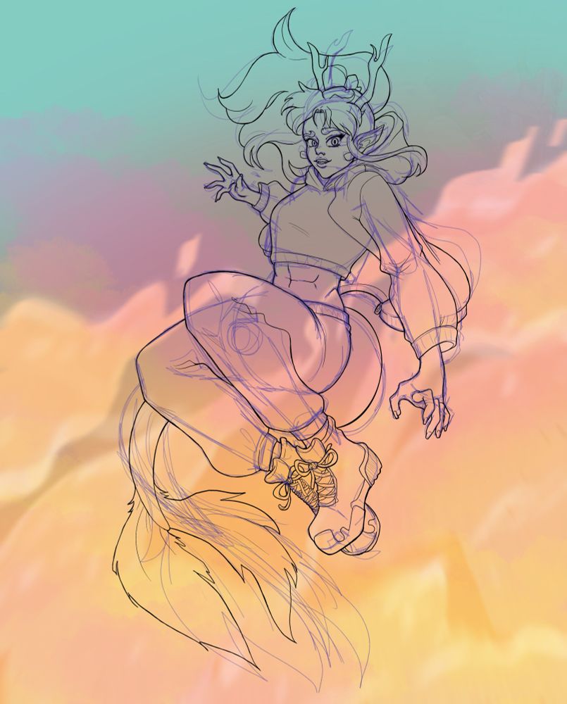 Inks over clouds background and sketch