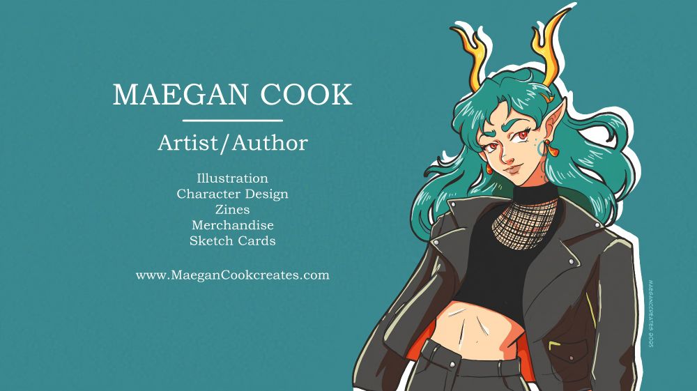 Dragon girl, Dru Tsung in black halter top amd leather jacket. Teal hair, red eyes, oriental dragon horns.
Maegan Cook creates.