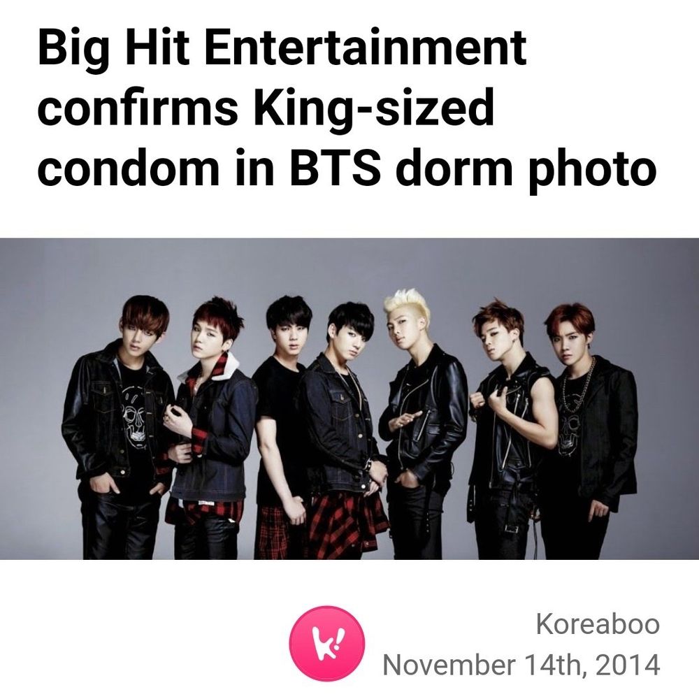 article from koreaboo, posted november 14 2014, titled “bighit confirms king-sized condom in bts dorm photo”