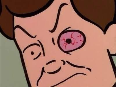 A screen capture from the tv show Daria where her Dad (pictured) gets so stressed out that he breaks a blood vessel in his eye. For reference a few years ago I also had this happen to me a few times and I very much relate to Daria Morgandorffer throughout my life (and as I’ve gotten older I understand her Dad, too). 