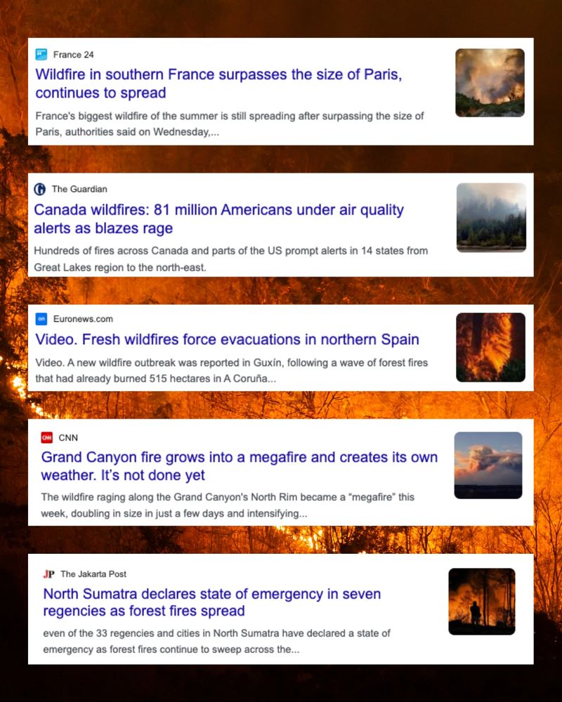 Press articles screenshots with a forest fire background. Wildfire in southern France. Canada wildfires. Wildfire force evacuations in Spain. Grand Canyon fire grows into a megafire. North Sumatra (Indonesia) declares state of emergency.