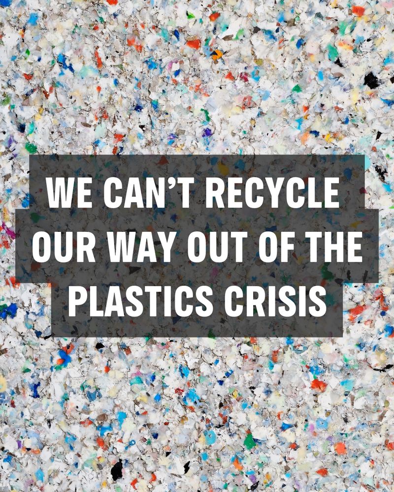 Picture: aerial view of plastic pollution in landfill. Caption: "We can't recycle our way out of the plastics crisis."