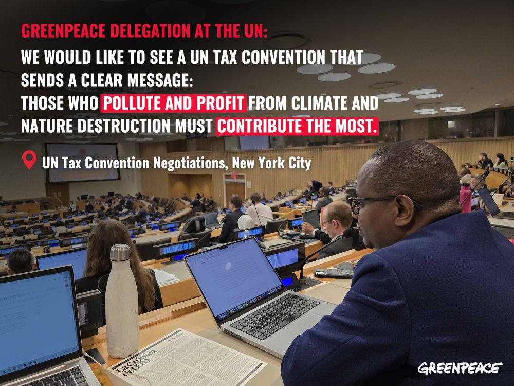 GREENPEACE DELEGATION AT THE UN:
We would like to see a UN Tax Convention that sends a clear message: 
those who pollute and profit from climate and nature destruction must contribute the most.
