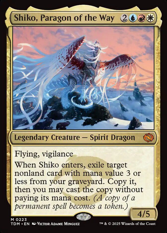 Shiko, Paragon of the Way
{2}{U}{R}{W}
Legendary Creature — Spirit Dragon

Flying, vigilance

When Shiko enters, exile target nonland card with mana value 3 or less from your graveyard. Copy it, then you may cast the copy without paying its mana cost. (A copy of a permanent spell becomes a token.)

4/5
Watermark: Jeskai

Illustrated by Victor Adame Minguez