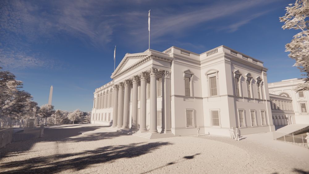 Fotos da projeção da east wing da Casa Branca
Um enorme prédio com colunas grego romanas 