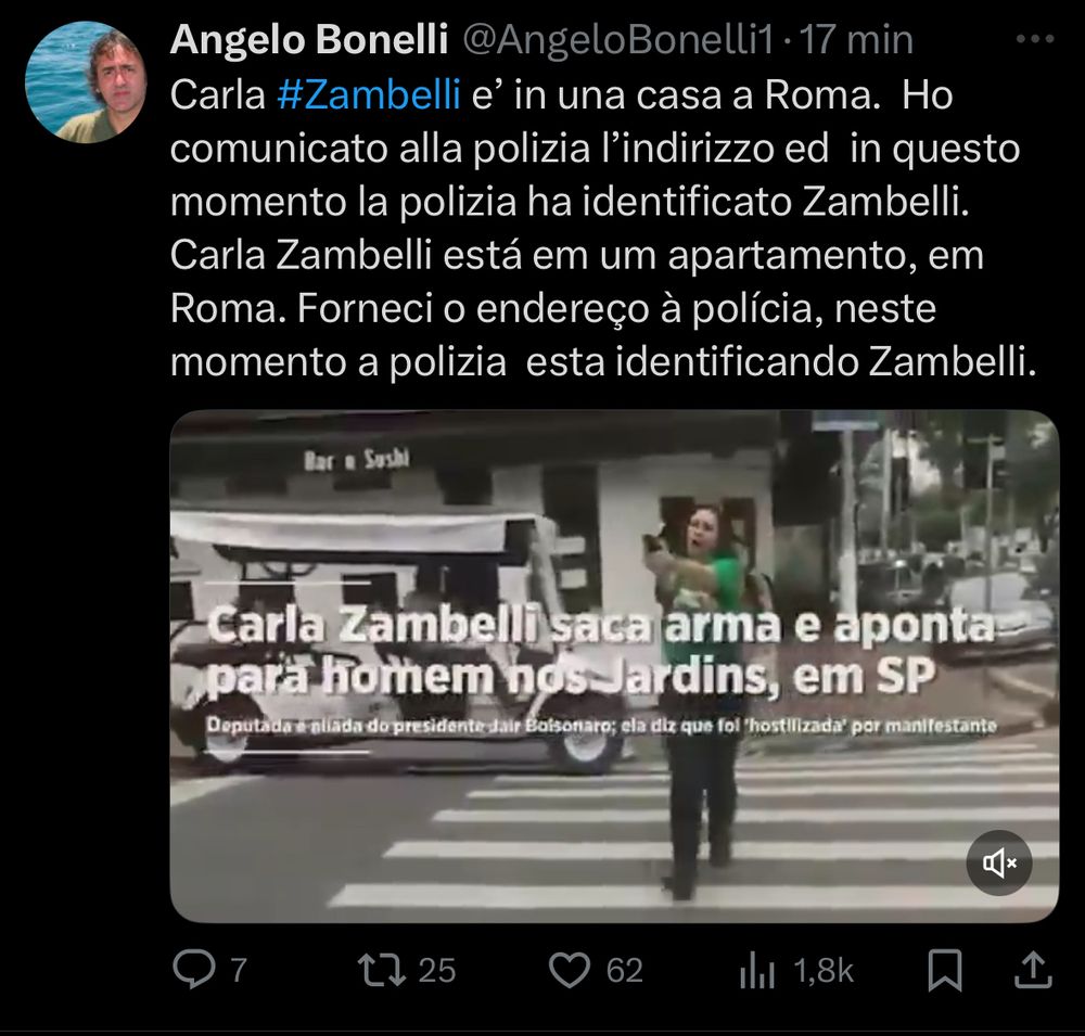Angelo Bonelli @AngeloBonelli1•17 min Carla #Zambelli e' in una casa a Roma. Ho comunicato alla polizia l'indirizzo ed in questo momento la polizia ha identificato Zambelli.
Carla Zambelli está em um apartamento, em Roma. Forneci o endereço à polícia, neste momento a polizia esta identificando Zambelli.
