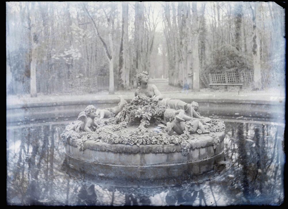 Photographie en noir et blanc du bassin de Flore, prise avant restauration, dans les jardins du château de Versailles. L'image montre une fontaine circulaire située au centre d'une allée boisée, dans un cadre symétrique et ombragé. Le bassin, peu profond, est rempli d’eau dans laquelle se reflètent les arbres nus environnants.

Au centre du bassin se trouve un riche groupe sculpté en pierre représentant la déesse Flore, allongée gracieusement parmi une profusion de guirlandes florales et entourée de quatre petits amours ailés (putti). Flore, vêtue d’un drapé classique, est couronnée de fleurs ; elle regarde légèrement vers sa gauche, dans une posture détendue. Les putti sont disposés autour d’elle, l’un tenant une corne d’abondance, un autre regardant vers le spectateur, les autres manipulant des bouquets ou jouant dans la composition végétale.