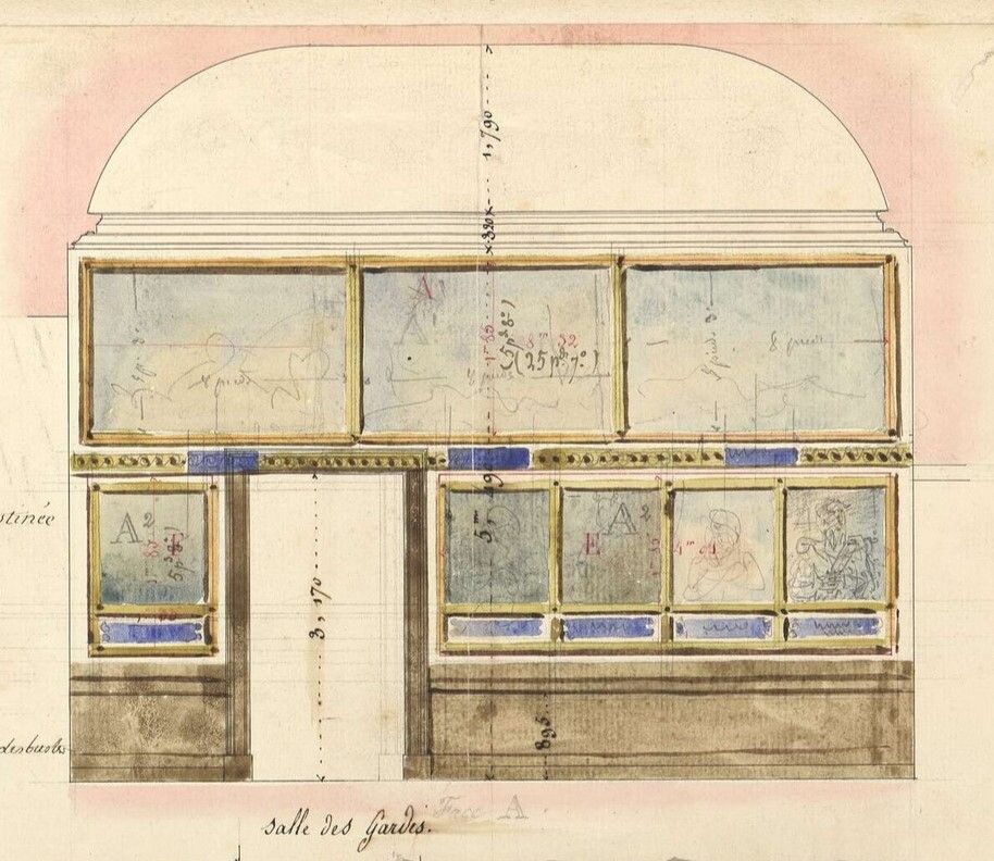 détail de l'image précédente montrant de manière plus précise une des quatre vues en élévation (vue de face) représentant un mur décoré avec des cadres, panneaux et tableaux esquissés.