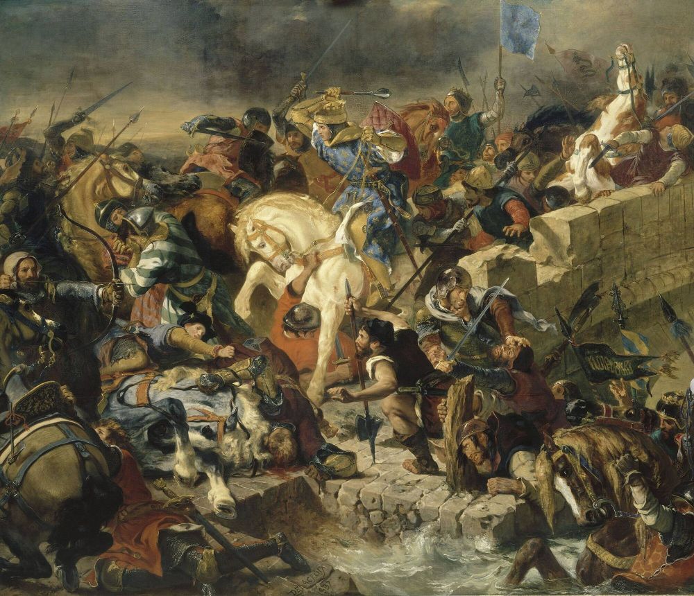La scène représente une bataille médiévale extrêmement mouvementée, remplie de personnages en pleine action, sur un pont de pierre étroit qui semble être le point central du combat. Le chaos, la violence et la tension sont palpables à travers la composition tourbillonnante des corps, des chevaux et des armes.