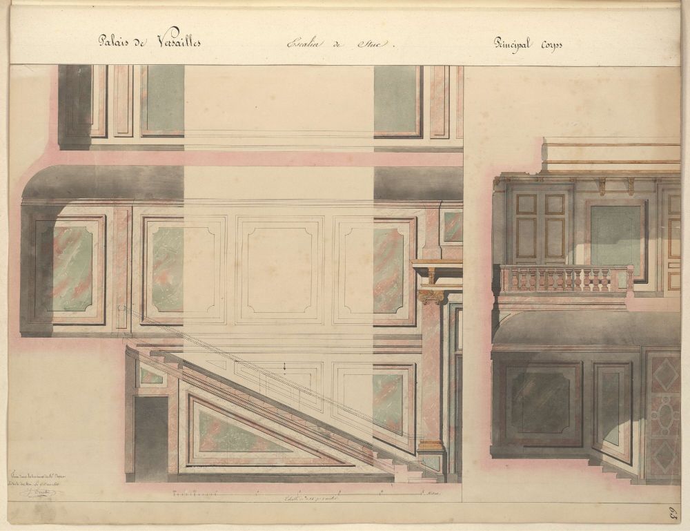 Ce dessin architectural daté de 1842 représente une vue en coupe et en élévation de l’escalier de stuc situé dans le corps principal du château de Versailles. Réalisé à l’aquarelle avec des encadrements à l’encre, le plan montre une décoration murale très soignée, mêlant panneaux rectangulaires et imitations de marbre vert et rose. À gauche, la coupe transversale dévoile la volée de l’escalier bordée de rampes basses et intégrée dans un décor de panneaux moulurés et encadrés de stuc coloré. L’ensemble est rythmé par des colonnes et pilastres d’ordre dorique avec chapiteaux dorés. À droite, l’élévation montre un palier intermédiaire et un balcon orné d’une balustrade à balustres, placé au-dessus d’un passage voûté. Le traitement du décor insiste sur la polychromie et le jeu des ombres, suggérant une grande richesse décorative, bien que l’espace soit de taille modeste. L’ambiance générale évoque un intérieur noble, sobrement fastueux, caractéristique des aménagements du XIXe siècle au sein du palais.