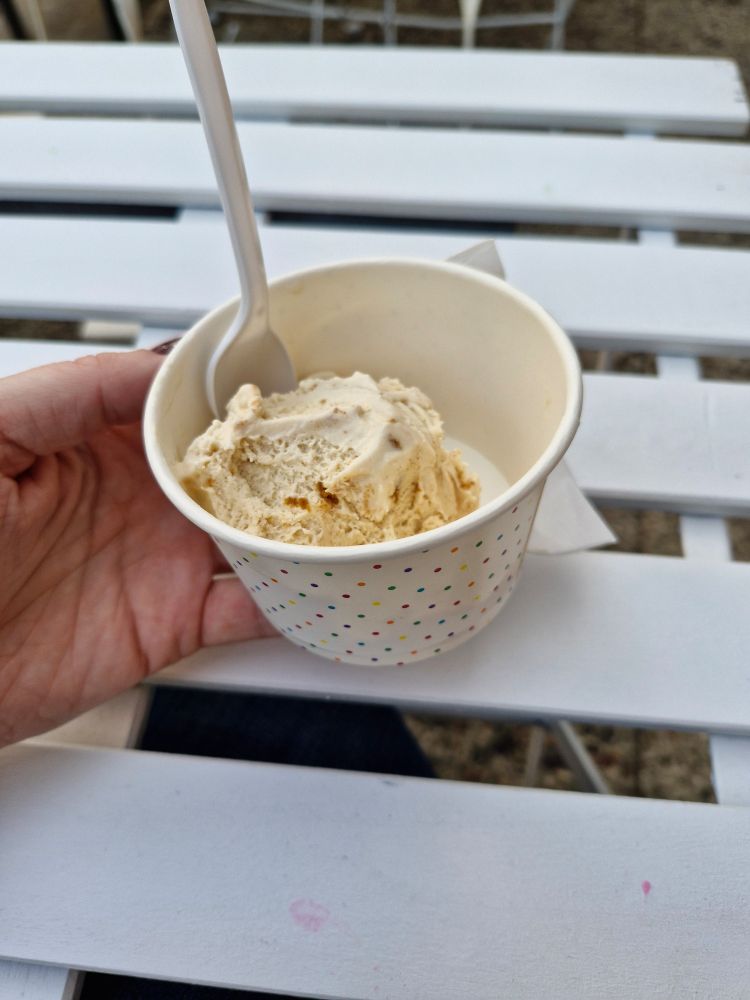 a scoop of ice cream in a white cup with rainbow dots