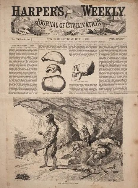 A scanned page from the July 10, 1873 edition of Harper’s Weekly: A Journal of Civilization. The top half features an article titled “The Neanderthal Man,” accompanied by three scientific illustrations of fossil skulls, including views of a Neanderthal and a modern human for comparison. The article is laid out in three columns of dense text. The bottom half of the page is a large, detailed illustration depicting a dramatic, 19th-century imagining of a Neanderthal scene: a muscular, fur-clad man stands at the entrance of a cave holding a stone axe. Behind him, dogs rest near another human figure lying on the ground. Bones, tools, and animal hides litter the cave interior. The caption beneath the image reads “The Neanderthal Man.”