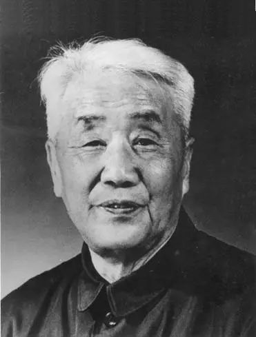 Black-and-white portrait of W.C. Pei (Pei Wenzhong) in later life. He has short white hair, heavy brows, and a gentle, slightly smiling expression. He wears a dark buttoned jacket. The background is plain and dark.