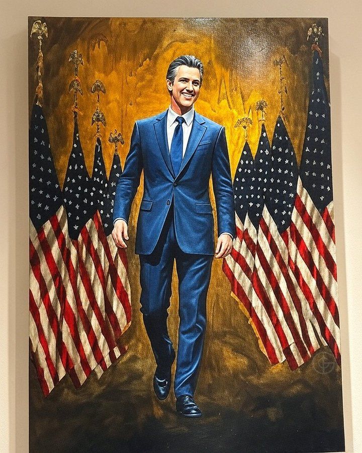 Meme of a trump portrait with Newsome instead of trump. There is another one, not pictured here, where Epstein has been imaged in.