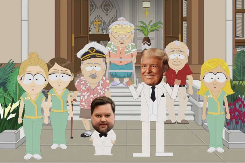 South Park unflattering of Vance or trump. Set in a fictional mar a lago 

The woman appear between high school and college age I will leave that there.