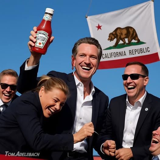 Gavin newsome with his 2028 secret service detail from a meme image. A meme is a joke, it’s based on parody campaign by the California governor against Trump, this is an ai generated image that emulates the trump “assassination attempt” but Newsome is smiling, holding catchup, the secret service agents are laughing and it is a California flag in the background not a us flag as in the event referenced in the meme.