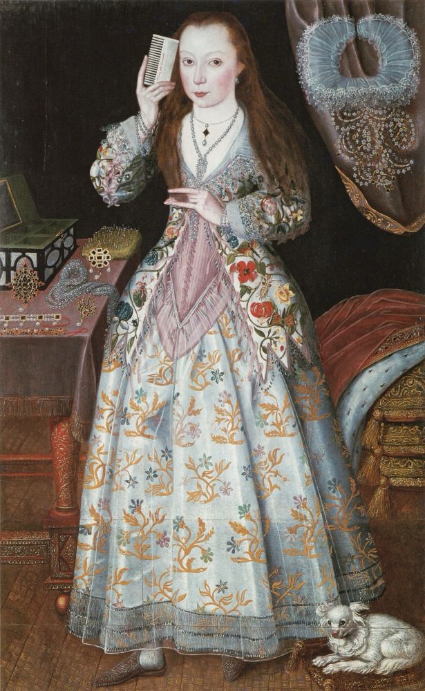 Portrait of Elizabeth Wriothesley née Vernon, Countess of Southampton, in her private boudoir, wearing an embroidered jacket or waistcoat over a rose-colored corset or simple bodice and decorated petticoat, combing her hair with a dog at her feet.
