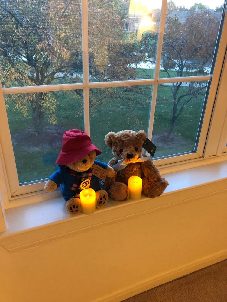 窓辺にくまのパディントンとハロッズベアが並んで座っている写真。クマのぬいぐるみ達の足の間にキャンドルを模したライトがあります。窓の外には冷たい晩秋の雨に打たれる黄色く紅葉した木々と芝生、人工池が見えます。