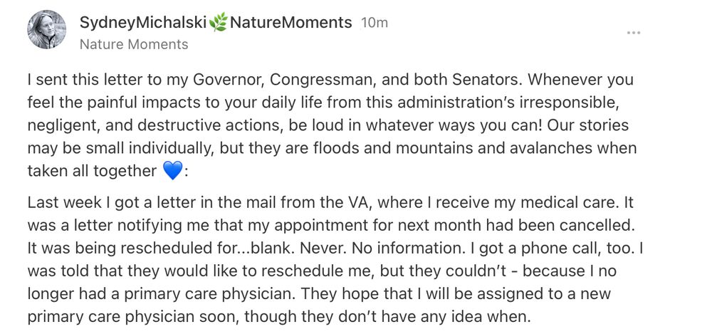 A screenshot from Sydney Michalski's Substack Note shows an excerpt describing a letter sent to Maine lawmakers regarding de-funding and under-staffing at the VA.