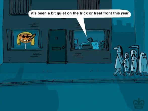 Trick or treat house with a pumpkin that looks like Jimmy Saville. The occupants are wondering why there are no kids coming to their house.