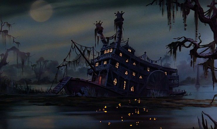 cena de "Bernardo e Bianca", mostrando um barco a vapor enorme e abandonado num pântano escuro, numa noite de lua cheia. Esse era o cativeiro onde a garotinha que Bernardo e Bianca resgatam ficava presa, tendo sido sequestrada pela vilã.