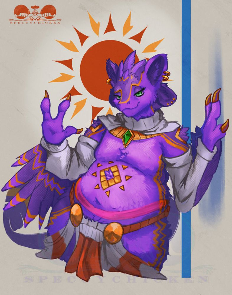 Thigh-up shot of a chubby purple-with-gold-stripes avali leaning against a wall. They're clad in revealing white clothing, with cloth on the sleeves, a collar, and a loincloth. A big green jewel is on a heavy necklace, matching the color of their eyes.   Inspired by the "solarpunk" aesthetic! 