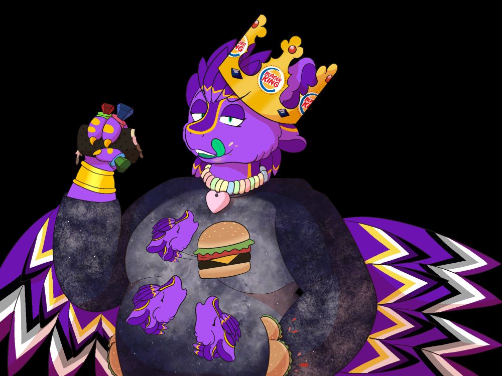 Depicts Mochi, a purple avali with gold highlights and non-binary/asexual pride highlights on their wings. Mochi is wearing a burger king crown, ring pops, a candy necklace, and a sweater with three Mochi heads howling at a burger. They are eating a neapolitan ice cream sandwich and stuffing their sweatshirt pocket full of burgers. Of course, Mochi is smug.
