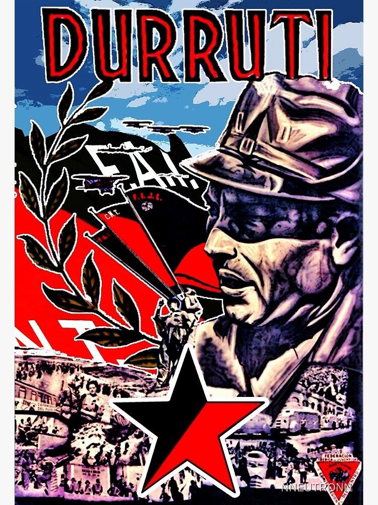 Ein altes Plakat von Durruti. Mit schwarz-rotem Stern, ihm in der Silhouette, schwarz-roten Fahnen sehr künstlicherisch gehalten.